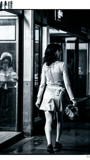 A female zombie is walking、Monochrome