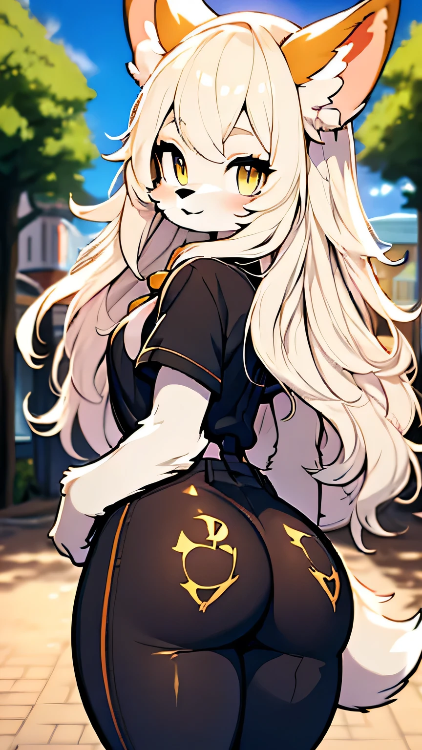 Perfect quality,Perfect human anatomy,Fox Girl,big sister,Sister next door,Short-sleeved shirt,Suspender top,Loose tops,blond,Golden haired fox,Blonde hair all over,Long hair,Loose hair,furry,hairy,Full figure,Tall figure,Royal sister,Charm,Big Ass,Hips,Stick out your butt,Perfect ass,Smile,Outdoor Background,Light and Shadow,detail