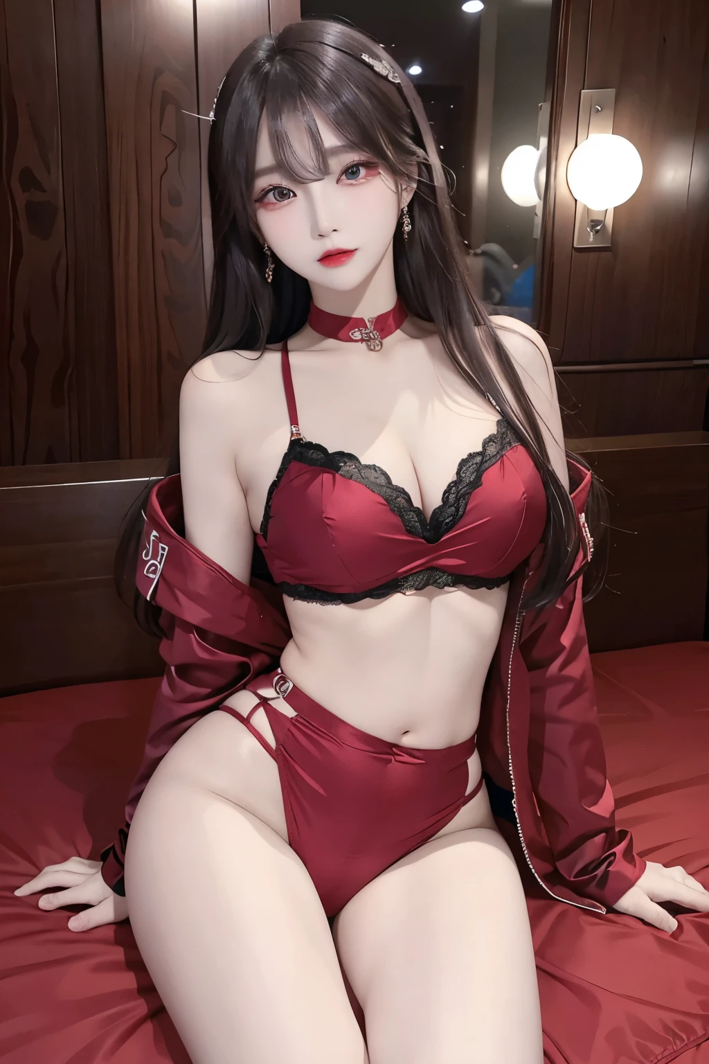 Top image quality、Raw photography、A high resolution、20-year-old cool Korean、big round chest、silk jacket、sexy red lace underwear、Beautiful Eyes of Details、very elongated eyes、Beautiful eyelashes、Beautiful double eyelids、eyeshadows、long legs,medium thighs, beautiful eyes finely detailed、elongated eyes、long eyeslashes、Beautiful double eyelids、eyeshadows、earrings、shiny skin、 1 girl, solo, chuppy girl,