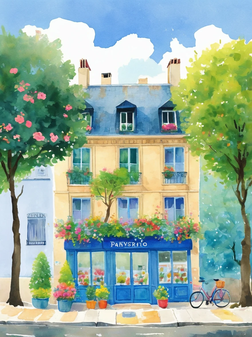 A watercolor painting showing the front view of an art studio in Paris with flowers and trees，Cartoon Style，cartoon trees，Illustration Art，Bright colors，High details，White background，Full Color，high resolution，high-definition，HD，People walking on the sidewalk，The cafe next door has tables outside，There are chairs inside，The building has blue walls，The sky is blue，Sunshine in the style of Hayao Miyazaki