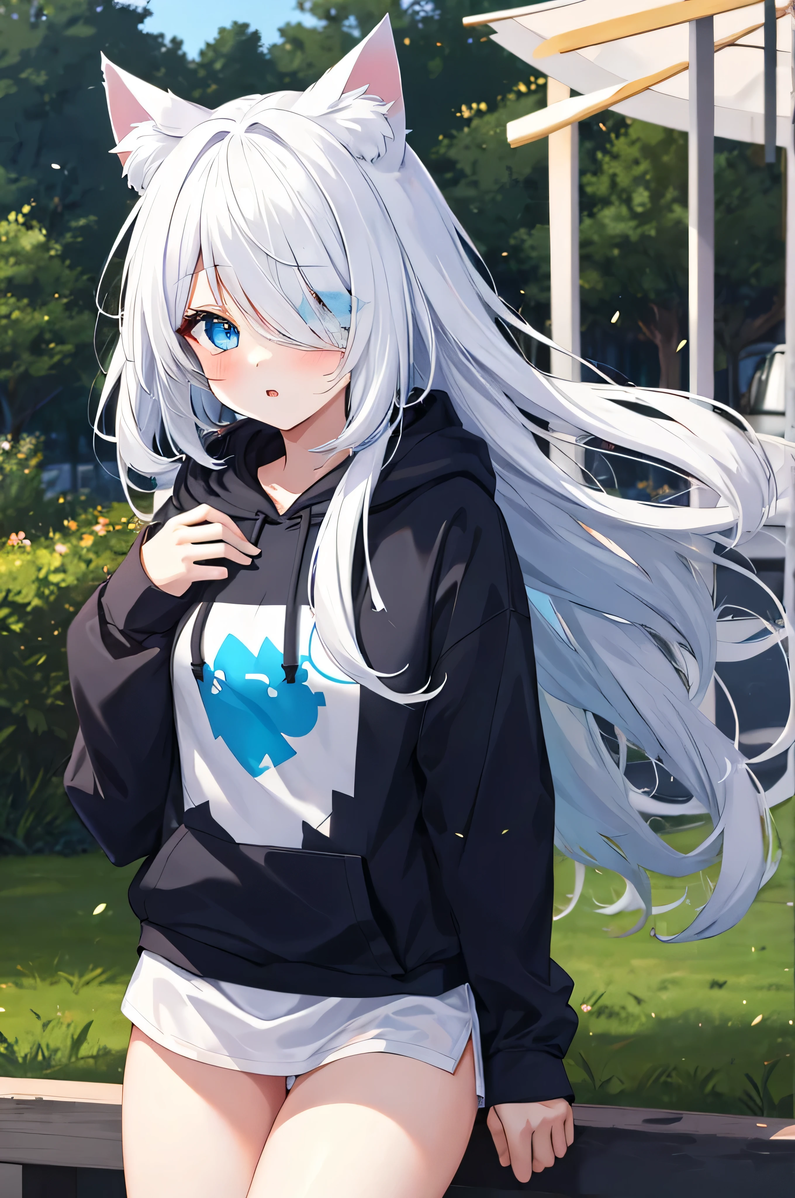 kawaii, 1girl, wearing black and blue hoodie, beautiful blue eyes high detailing, white hair blue pattren, cat ears, bangs covering left eye, no pants nude, on the park, (hair over eyes:1.1), (detailed), ((best quality))