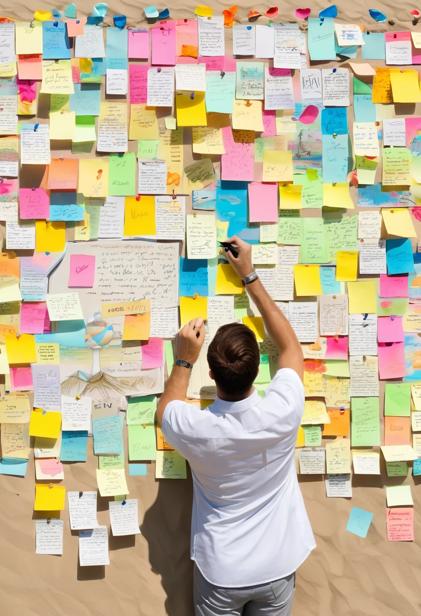 A writter seing the beach, hung up against other pieces of art with colorful paint, written by hand, written over several small sticky notes, (masterpiece, best quality, Professional, perfect composition, very aesthetic, absurdres, ultra-detailed, intricate details:1.3)