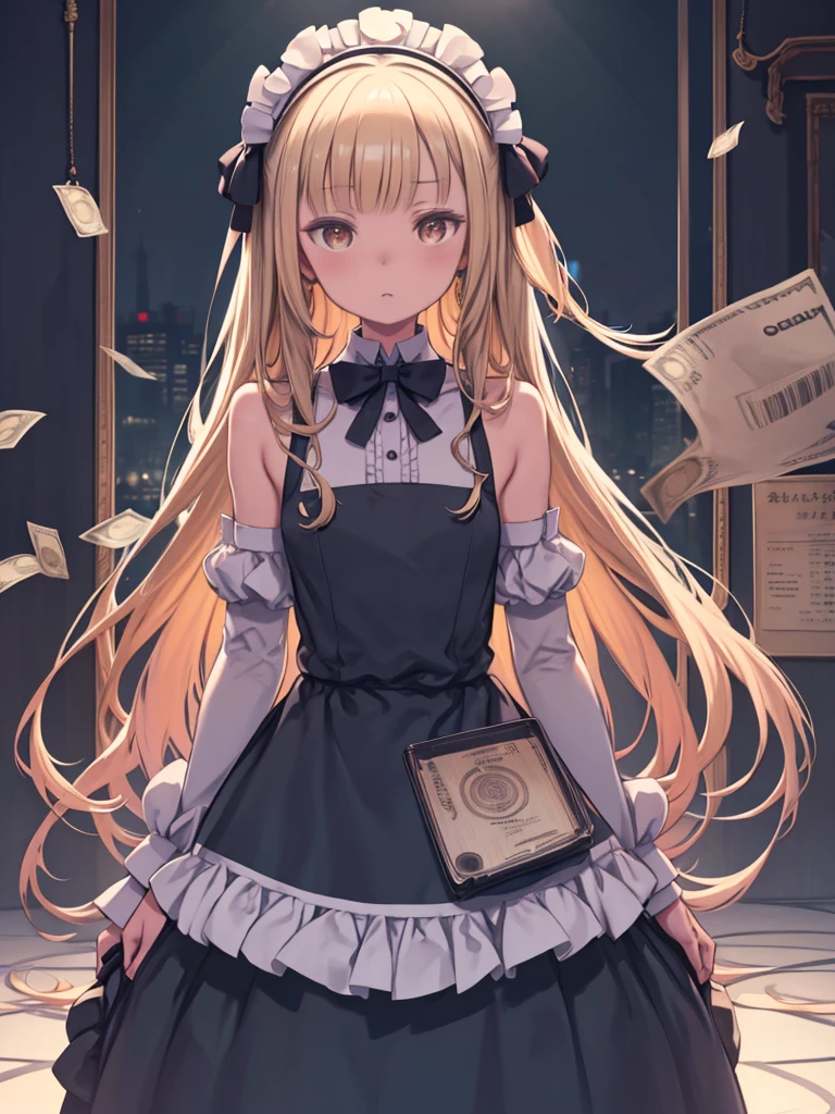 masterpiece, highest quality, Very detailed, High resolution, High resolution,, Chobitsu, What is, Emotionless,, One girl, alone, bangs, Exposing shoulders, chest, Brown eyes, Clamp (Circle) (style), Platinum Blonde Hair, Very long hair, Robot ears, , Hair Tube,, Maid, Maid headdress, Maid apron, victorian Maid, Maid dress,, mksks style, Beautiful background, Detailed Background, professional lightning, apartment, indoor, Money ornament, Money, Money effects,