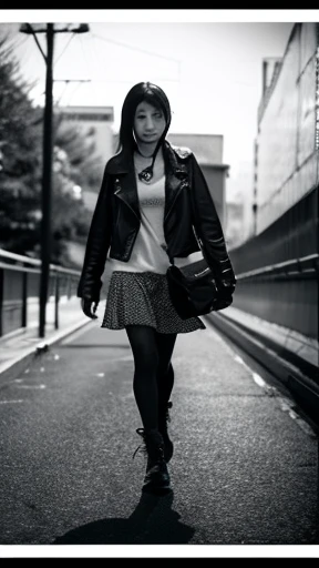 A female zombie is walking、Monochrome