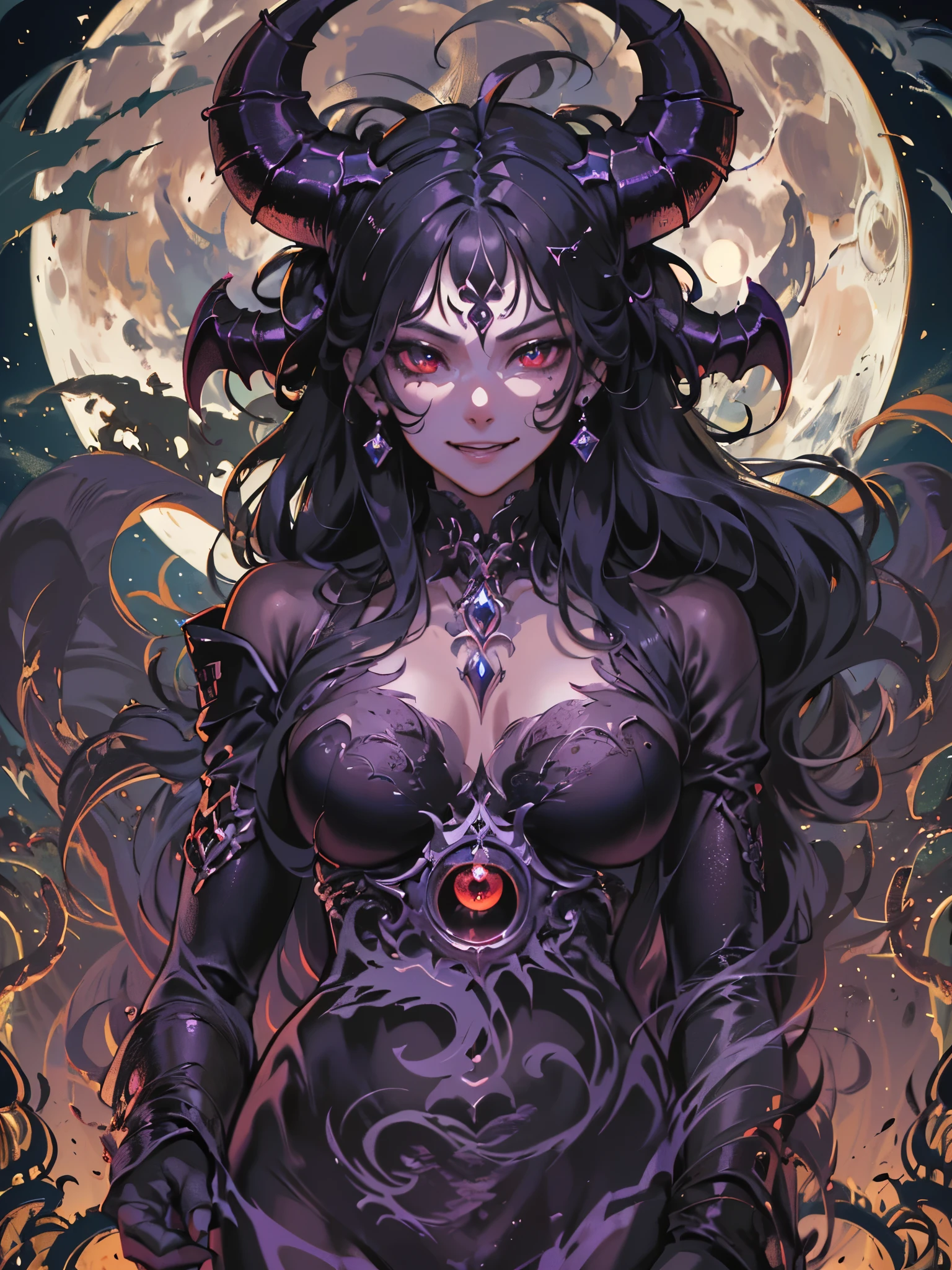 ((highest quality)),(Ultra-high resolution),(Very detailed),(Detailed Description),((The best CG)),(A masterpiece),Ultra-detailed art,Amazing drawing art,(Fantasy art with intricate detail:1.5), (Full moon night:1.3), (A female demon with a mysterious presence and an evil smile.:1.6), (Floating flaming skull),Black goat