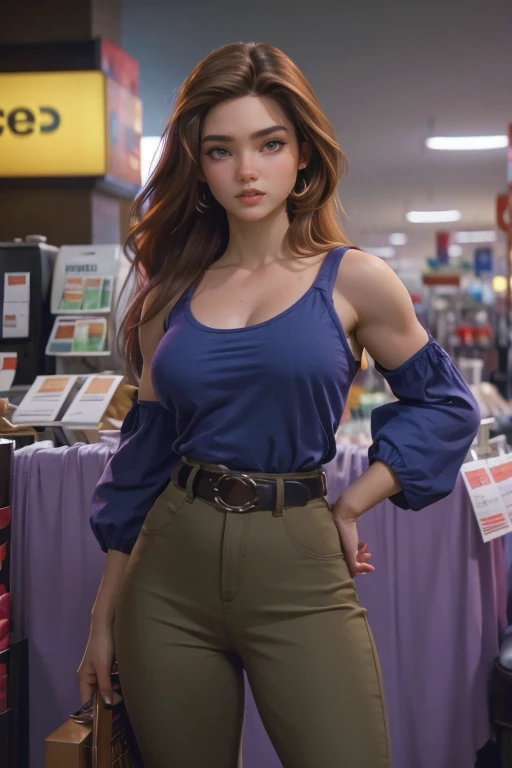 una mujer, muscular, fuerte. ojos verde esmeralda; ginger brown hair with vikingo mullet. maquillaje facial tribal, vikingo, colores azul y gris, Skin hanging from the belt, pantalones, Capa de piel colgada de un hombro.. armadura de hombrera, top con correa de cuero,