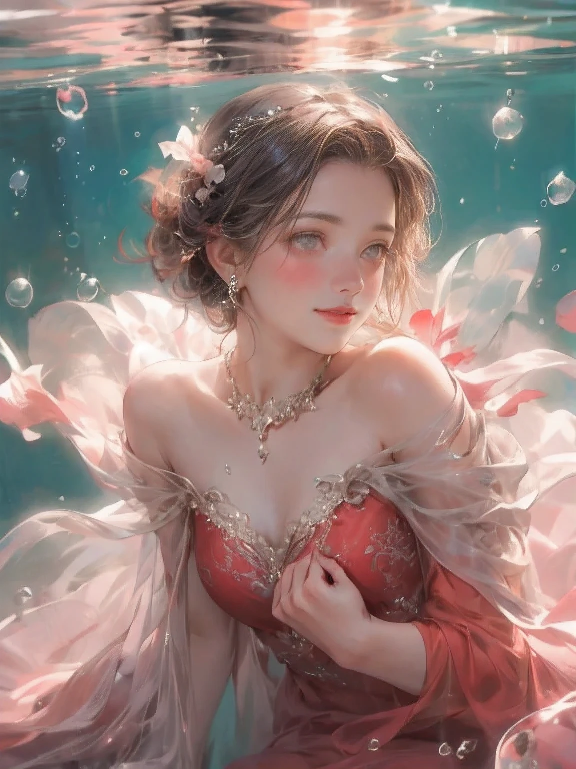 masterpiece:1.2, top quality, 8k, highres, ultra-realistic:1.37, beautiful ultra-detailed:1.2, beautiful woman in a crimson dress, lying, gracefully swimming underwater like a drifting mermaid, many bubbles:1.2, beautiful delicate long
eyelash beautiful delicate eyes, beautiful delicate pupils, beautiful delicate lips, beautiful delicate dress, gentle smile,