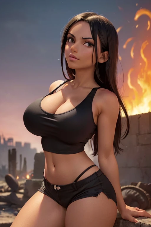 (masterpiece), best quality, expressive eyes, perfect face, Nico Robin at ruins on fire, (night background), (standing), (smirk), (closeup view), (1girl, Nico Robin face, dark skin, tanned skin, tan, black hair, long straight hairstyle, no bangs, brown eyes, hourglass figure, skinny body, large breasts, huge breasts, oppai, wide hips, thick thighs, ((dark-pink tanktop), (sleeveless), (spaghetti straps), (croptop), (black panty shorts), (black heels)), 