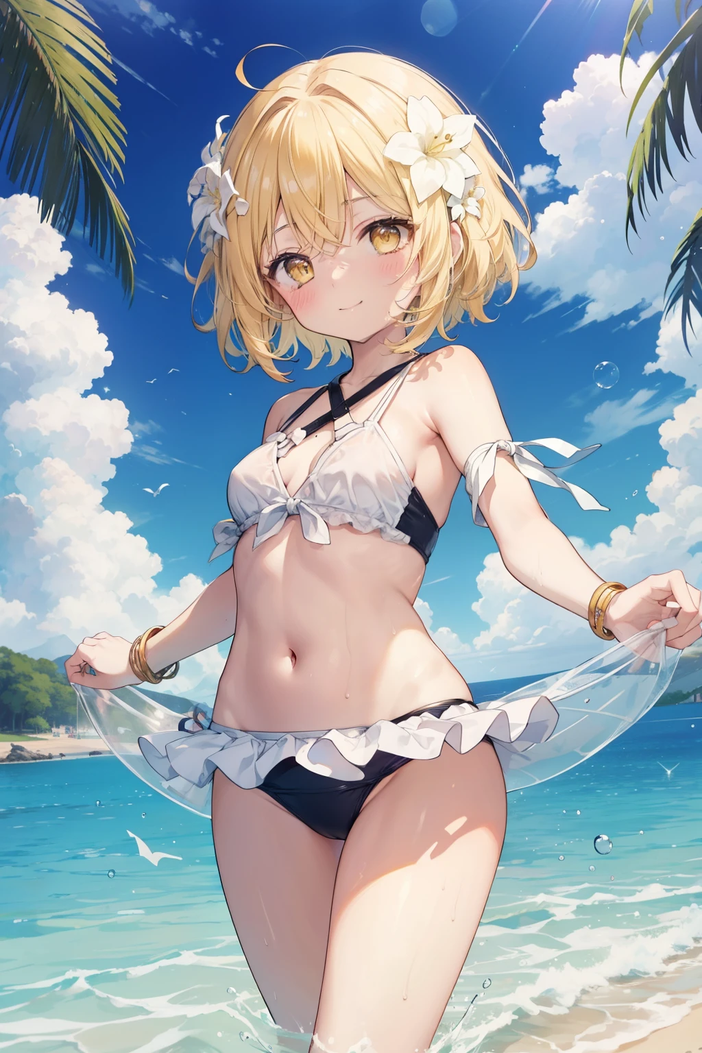 firefly、Good looking girl (blush, Perfect Face), independent , Looking at the camera, masterpiece, Anime art style, Cute Characters, Most detailed, high quality、Nico Nico Smile、There are highlights in the eyes、blonde、The whole body is visible、ta、Small breasts、Braided Short Hair、Flower decoration、Yellow Eyes、Wearing a cute swimsuit、Playing in the sea、Floating using a swim ring