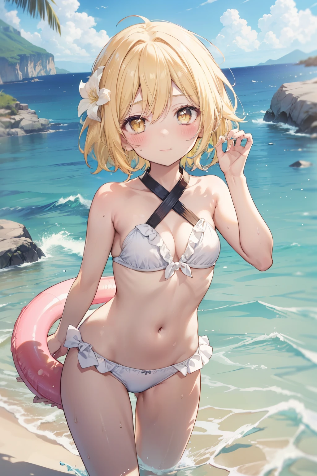 firefly、Good looking girl (blush, Perfect Face), independent , Looking at the camera, masterpiece, Anime art style, Cute Characters, Most detailed, high quality、Nico Nico Smile、There are highlights in the eyes、blonde、The whole body is visible、ta、Small breasts、Braided Short Hair、Flower decoration、Yellow Eyes、Wearing a cute swimsuit、Playing in the sea、Floating using a swim ring