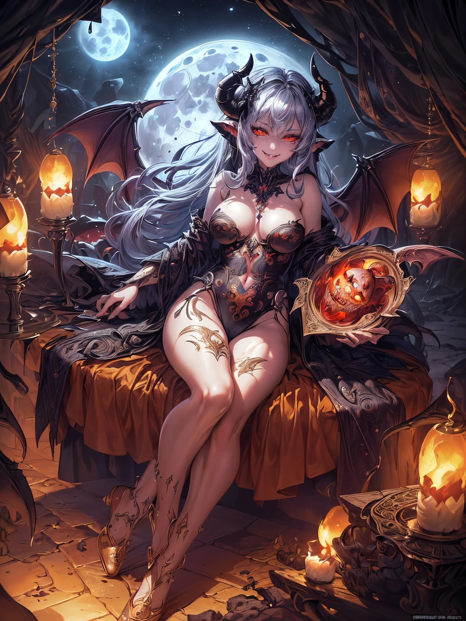 ((highest quality)),(Ultra-high resolution),(Very detailed),(Detailed Description),((The best CG)),(A masterpiece),Ultra-detailed art,Amazing drawing art,(Fantasy art with intricate detail:1.5), (Full moon night:1.3), (A female demon with a mysterious presence and an evil smile.:1.6), (Floating flaming skull),Black goat