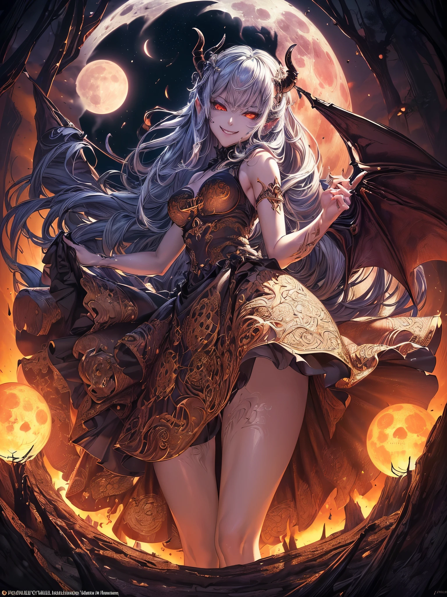 ((highest quality)),(Ultra-high resolution),(Very detailed),(Detailed Description),((The best CG)),(A masterpiece),Ultra-detailed art,Amazing drawing art,(Fantasy art with intricate detail:1.5), (Full moon night:1.3), (A female demon with a mysterious presence and an evil smile.:1.6), (Floating flaming skull),Black goat