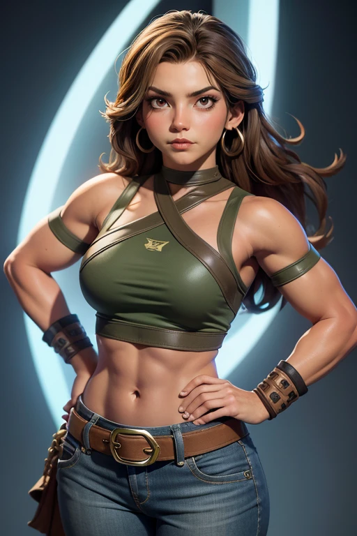 una mujer, muscular, fuerte. ojos verde esmeralda; ginger brown hair with vikingo mullet. maquillaje facial tribal, vikingo, colores azul y gris, Skin hanging from the belt, pantalones, Capa de piel colgada de un hombro.. armadura de hombrera, top con correa de cuero,