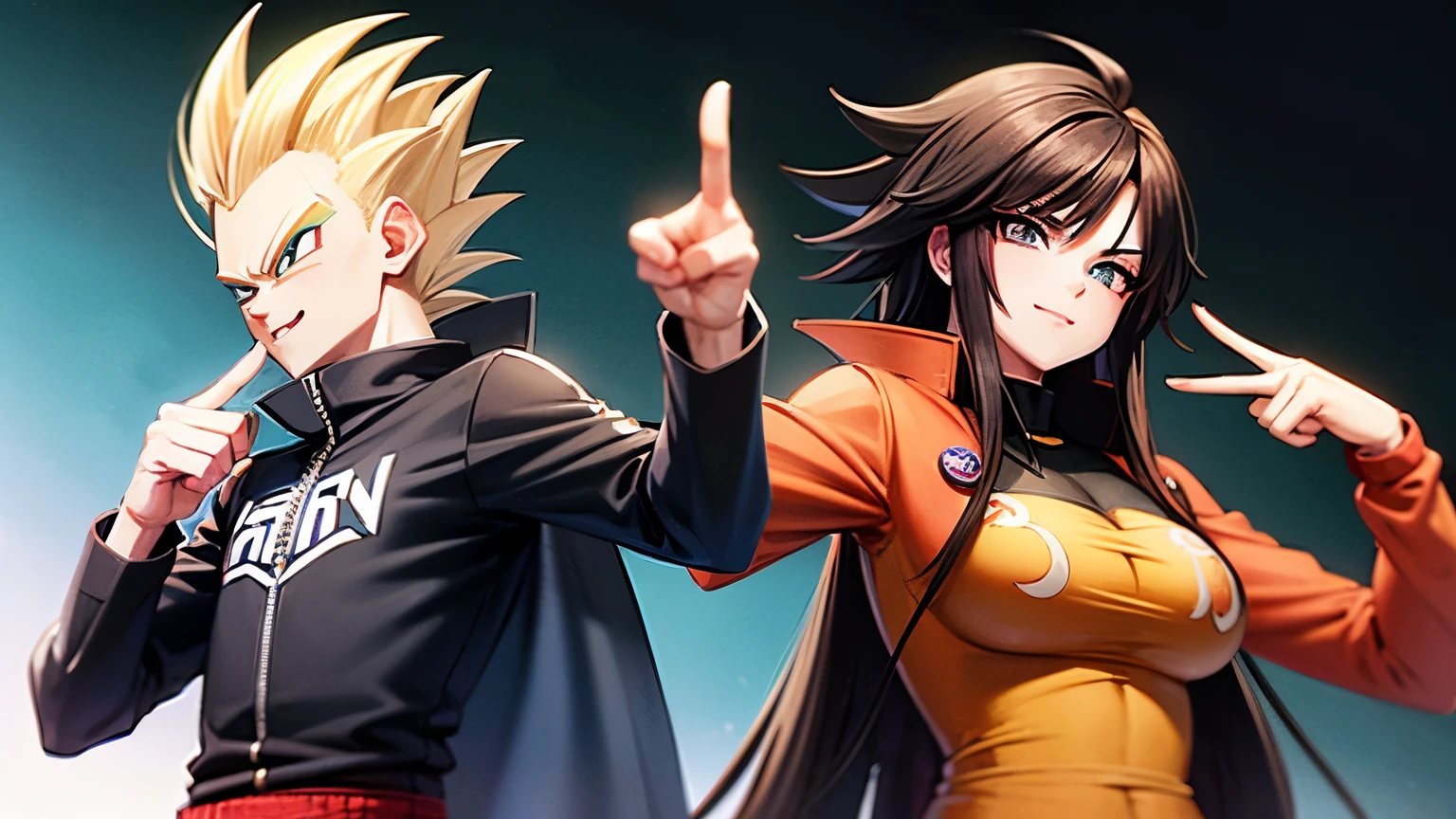 dragon ball style,Middle finger pointed to the head,olhos castanhos,barba longa, cabelos longos, Topete, sorridente, jaqueta de couro, Capsule logo on jacket in anime shape 
