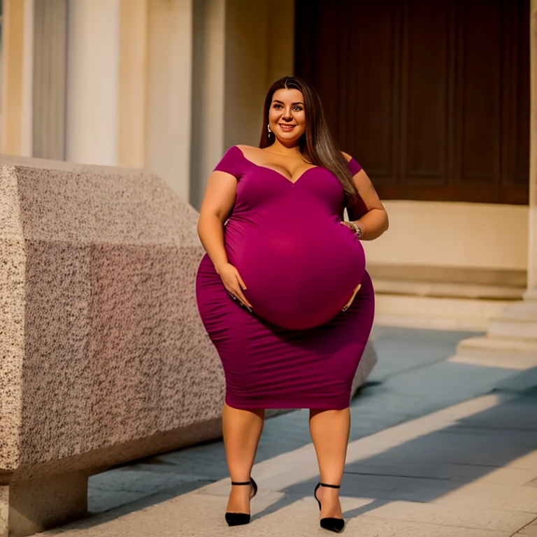 Extremely Hyperpregnant Bosnian woman with huge belly wearing a dress