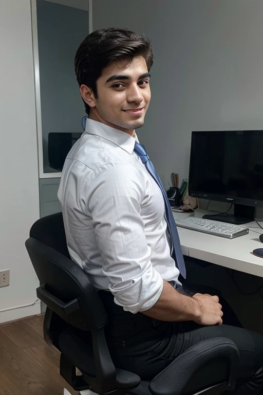 a 20 years old Iranian boy with Medium Hairstyle and a muscular body and a white shirt with a blue necktie siting on a black desktop chair and a desktop in front of the boy with a computer that has a programming engine on while the boy is look back at the camera with a smile and working