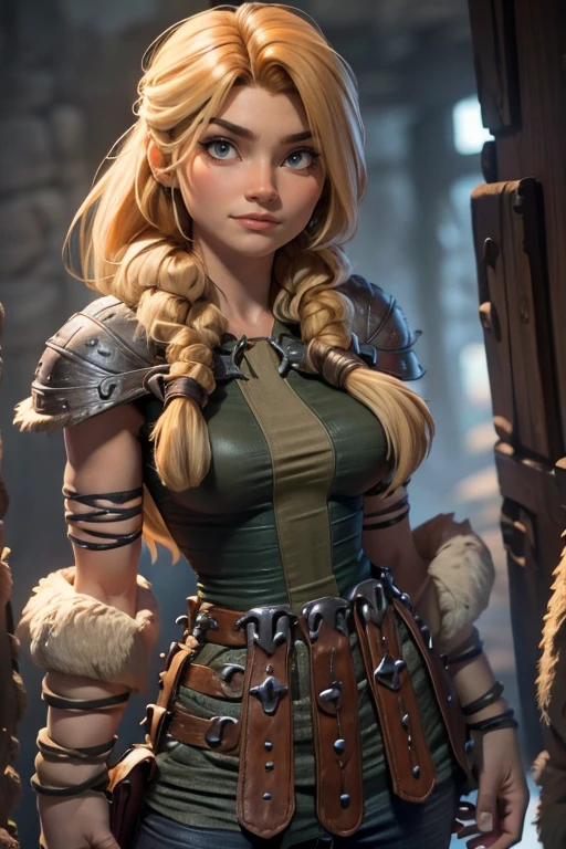 una mujer, muscular, fuerte. ojos verde esmeralda; ginger brown hair with vikingo mullet. maquillaje facial tribal, vikingo, colores azul y gris, Skin hanging from the belt, pantalones, Capa de piel colgada de un hombro.. armadura de hombrera, top con correa de cuero,