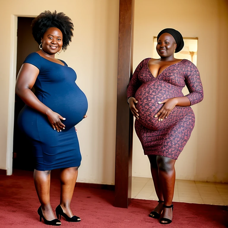 Extremely Hyperpregnant Botswanan woman with huge belly wearing a dress