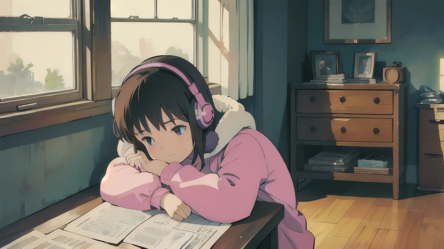 Cozy room,A girl studying with headphones on,Large windows,