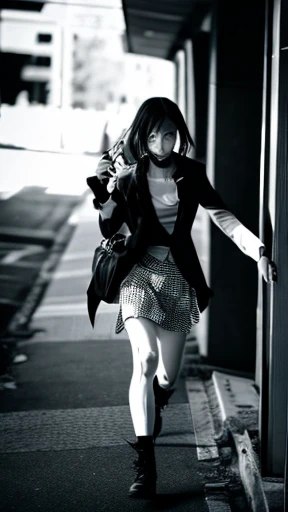 A female zombie is walking、Monochrome