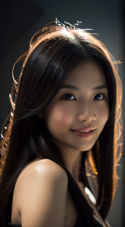 highest quality, epic realistic, ((in the pitch black darkness :1.4)), ((Portraiture:1.5)),(background: dark ) High Contrast ,素晴らしいphotograph, Minimum Lux, lighting ふace, she's comふortable, Wearing black clothing,  , It is wonderful, (8k, RAWphotograph, highest quality),(epic realistic:1.5), woman, face close up,(Fine grain:0.8),(Looking at the camera:1.4), (highest quality), ( High Contrast, Deep Shadow),複雑なdetailed,Cinematic,((skin:1.4)), (long dark hair:1.3), Long Hair, Messy ,(High resolution:1.5),detailed, color, Superior Quality, masterpiece, RAWphotograph (20-year-old, View your viewers), beautiful, (Wearing a dark shirt,), perfect, nature, perfect composition, Portraiture, perfect face, smile expression, Captivating eyes, Bright details, Keep your mouth shut, (skinのディテールが高い),, (Bluish: 0.6), (Sale: 0.8), (Bloodstained: 0.7), Key lighting , (Backlight: 0.5), Medium depth offield, Canon 5D, 50mm lens, F/4 openings, (非常にdetailedな, 複雑なdetailed), sharp focus, soft color, 8k, Absurd, 80mm, dark background, photograph, smile, Pinay, filipina, Moderate ,