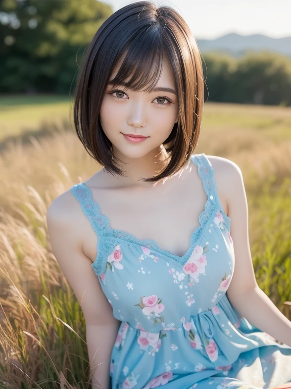 (highest quality:1.5)、(Realistic:1.5)、(1 person:1.5)、(Upper Body:1.5)、Very detailed、High resolution、8k wallpaper、、Small breasts、Natural color lips、Cute Smile、Japanese women、20-year-old girl、Beautiful and elegant face、Perfect and beautiful face、Big eyes、Brunette eyes、Beautiful and elegant face、Natural double eyelids、Natural Bangs、Beautiful thin nose、Beautiful Skin、Chestnut Hair、Medium Bob Hair、Short Hair、Natural Bangs、Perfect and beautiful face、Slim face and figure、(Looking at the camera with a cute expression)、Bright lighting、Professional Lighting、Forward lighting、Cute Smile、Summer blue sky、Grass park on the mountain、Look at the viewers、Low-angle composition、(Staring at the camera with a cute expression)、(Lighting the face)、Bright lighting、Professional Lighting、Forward lighting、Cute Smile、Beautiful clavicle、Beautiful feet:1.2、Smooth Skin、White floral dress、Sit on the grass、wariza, Place your hands between your legs、Beautiful thighs、Sit down、Leaning forward、Shots from low angles、Girl sitting、seiza、