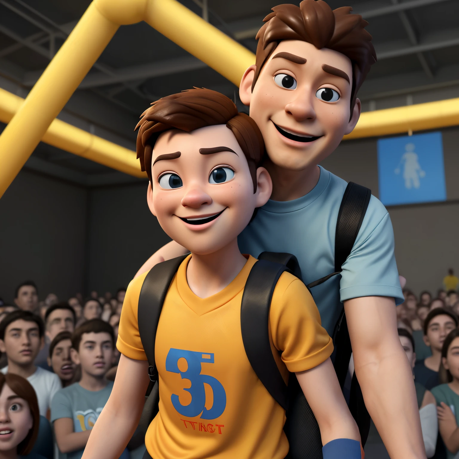 Prompts
Copy
Cartoon boy with backpack and basketball in front of a crowd, 3D animated film, animation film, pixar 3 d animation style, pixar renderman rendering, Maia 8 mil, animated film, Disney Pixar Estilo 3D, brincando com um sorriso no rosto e correndo em uma quadra, In another photo, the same boy hugs a teacher