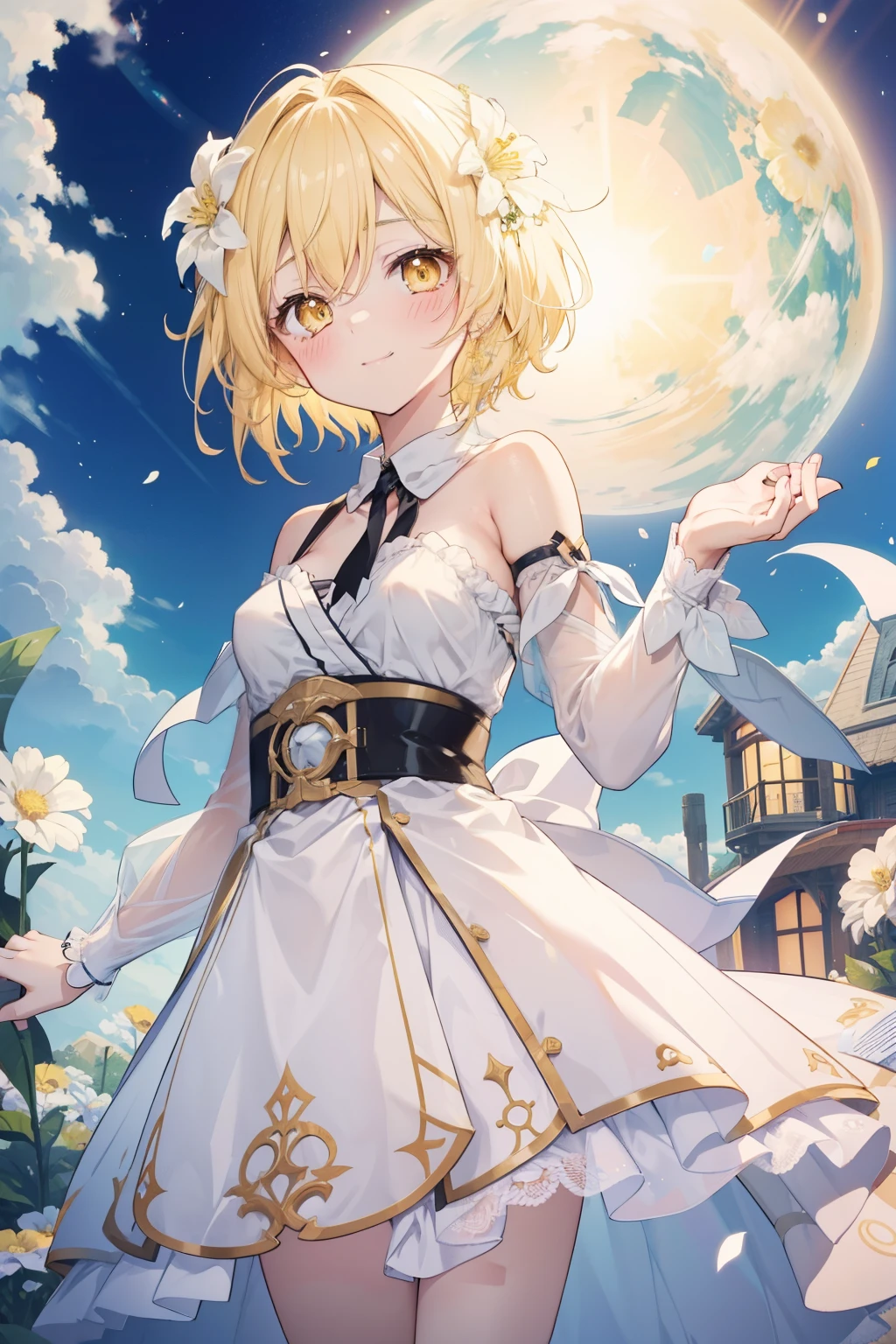 firefly、Good looking girl (blush, Perfect Face), independent , Looking at the camera, masterpiece, Anime art style, Cute Characters, Most detailed, high quality、Nico Nico Smile、There are highlights in the eyes、blonde、The whole body is visible、****ta、Small breasts、Braided Short Hair、Flower decoration、Yellow Eyes、Uses wind magic