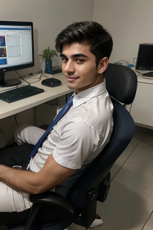 a 20 years old Iranian boy with Medium Hairstyle and a muscular body and a white shirt with a blue necktie siting on a black desktop chair and a desktop in front of the boy with a computer programming a game on while the boy is look back at the camera with a smile