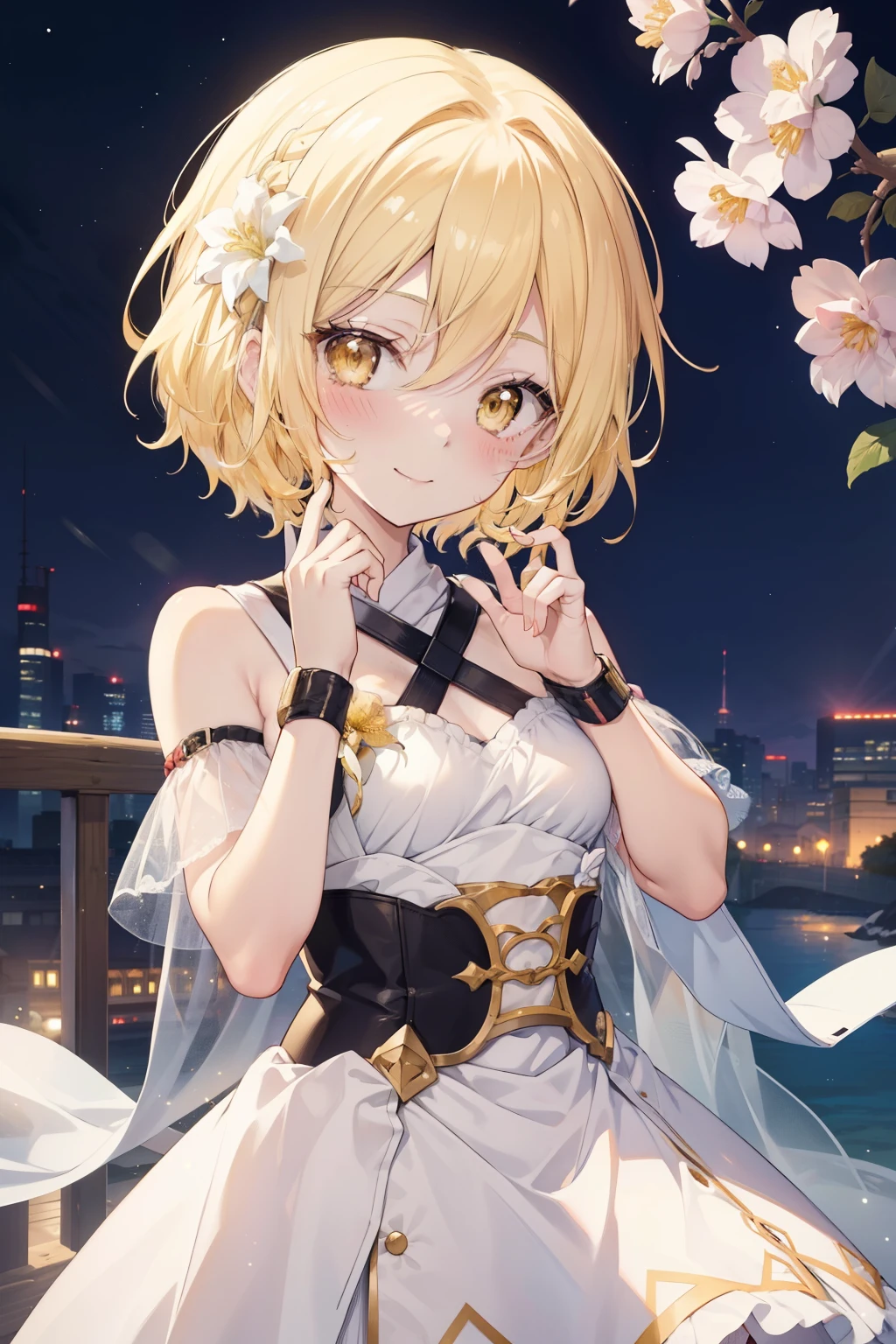 firefly、Good looking girl (blush, Perfect Face), independent , Looking at the camera, masterpiece, Anime art style, Cute Characters, Most detailed, high quality、Nico Nico Smile、There are highlights in the eyes、blonde、The whole body is visible、****ta、Small breasts、Braided Short Hair、Flower decoration、Yellow Eyes、Uses wind magic