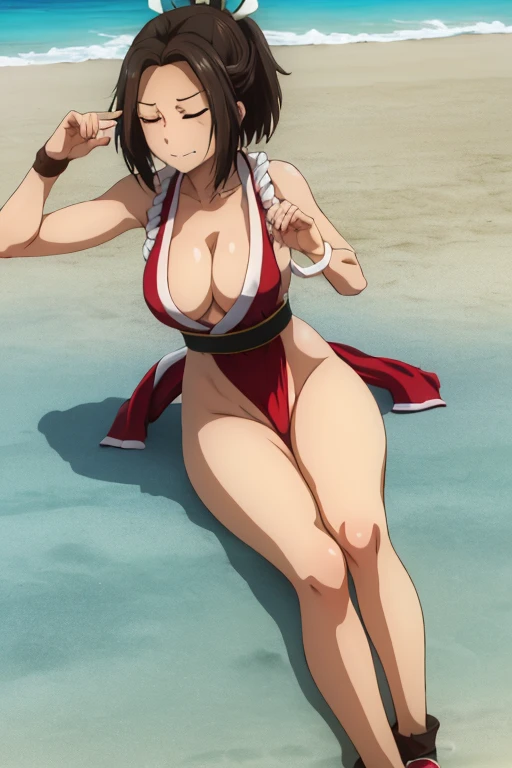 masterpiece, best quality, beautiful art, high resolution, well formed hands, body and fingers, 1 woman, solo, Hikari Hazakura , adult, big breasted, cleavage, full body, cosplaying as Mai Shiranui, long hair , hair ribbon, gorgeous legs and thighs, ryona , in peril, , defeated , knocked out, passed out, unconscious, closed eyes, laying down on the sand, exposed extended body, sexy defeated pose, sexy smirk on her face, showing vulnerability and helplessness, defeat  and KO scene, martial arts tournament on the beach 