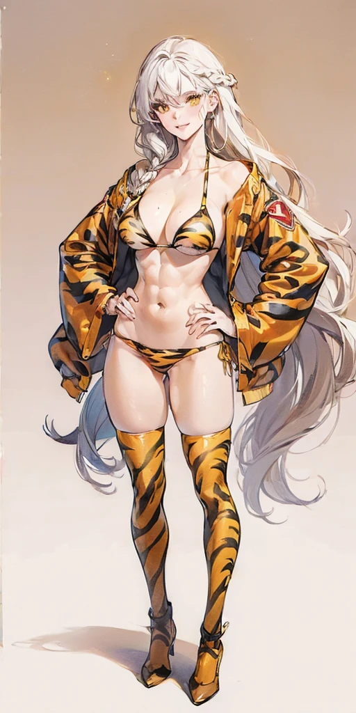 (((Plain background 1:2))) (masterpiece, high quality: 1.1) 1girl full body standing, hairstyle with a braid, white colored hair, yellow eyes, perfect lighting, muscular, thighs, mature woman, mummy, bellybutton, abs, looks at the viewer smile RED CHEEKS, extremely huge breasts, maternal, porcelain skin, extra very long hair, sparkly skin, good face, chest cover, HANDS ON HIPS (yellow tiger bikini print long sleeves and long stockings)