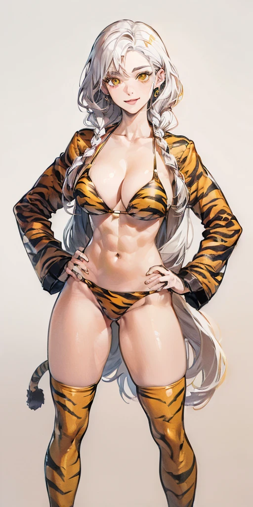 (((Plain background 1:2))) (masterpiece, high quality: 1.1) 1girl full body standing, hairstyle with a braid, white colored hair, yellow eyes, perfect lighting, muscular, thighs, mature woman, mummy, bellybutton, abs, looks at the viewer smile RED CHEEKS, extremely huge breasts, maternal, porcelain skin, extra very long hair, sparkly skin, good face, chest cover, HANDS ON HIPS (yellow tiger bikini print long sleeves and long stockings)