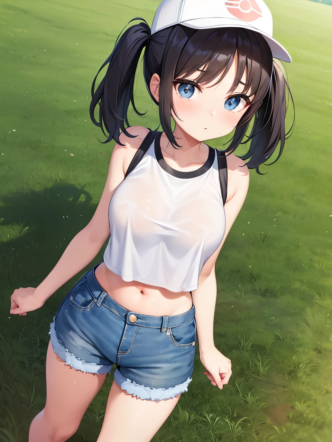 4K,highest quality,Standing posture,High angle,field,Pokémon Trainer,,beautiful girl,cute,Black Hair,Pigtails,White cap,Baby Face,Droopy eyes,Big eyes,Round eyes,Sleeveless T-shirt,White T-shirt,Belly button,Big Breasts,Underboob,Denim shorts,Shoulder bag