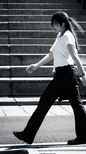 A female zombie is walking、Monochrome