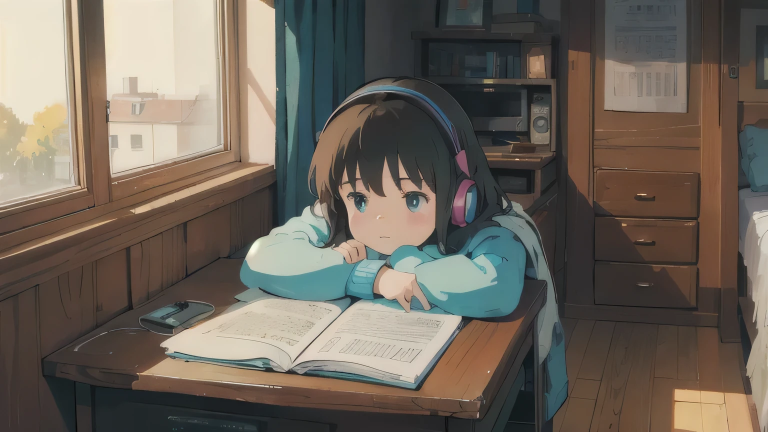 Cozy room,A girl studying with headphones on,Large windows,