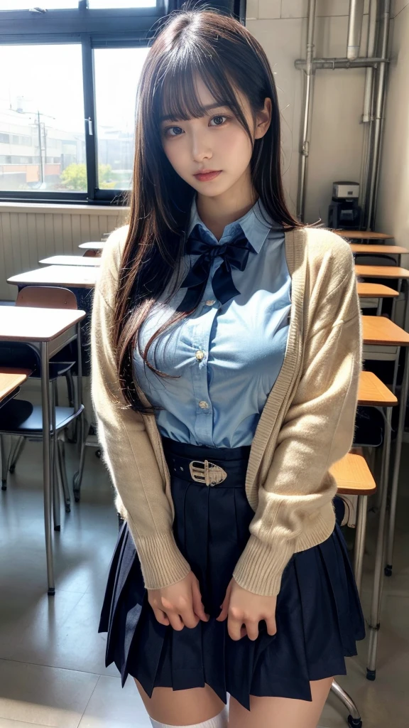 muste piece, best quality, illustration, Super detailed, fine details, High resolution, 8K,wall paper, perfect dynamic composition,(Details High quality, realistic depiction of eyes:1.3), wading, High School Classroom、High school girl uniform、Cardigan、Super Short Check Uniform Skirt、Navy blue high socks、garterbelts、Colossal tits、Disturbed uniform、short bob hair, black hair color, Big Natural Color Lip, bold sexy pose, (perfect body shape), crying a little、cold gaze, Harajuku style、20 year old girl、cute type, beautiful legs, hposing Gravure Idol, Voluptuous thighs