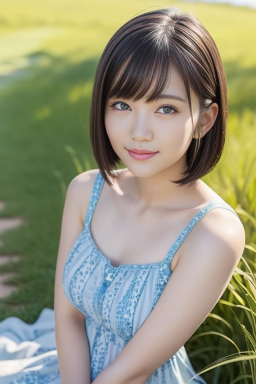 (highest quality:1.5)、(Realistic:1.5)、(1 person:1.5)、(Upper Body:1.5)、Very detailed、High resolution、8k wallpaper、、Small breasts、Natural color lips、Cute Smile、Japanese women、20-year-old girl、Beautiful and elegant face、Perfect and beautiful face、Big eyes、Brunette eyes、Beautiful and elegant face、Natural double eyelids、Natural Bangs、Beautiful thin nose、Beautiful Skin、Chestnut Hair、Medium Bob Hair、Short Hair、Natural Bangs、Perfect and beautiful face、Slim face and figure、(Looking at the camera with a cute expression)、Bright lighting、Professional Lighting、Forward lighting、Cute Smile、Summer blue sky、Grass park on the mountain、Look at the viewers、Low-angle composition、(Staring at the camera with a cute expression)、Bright lighting、Professional Lighting、Forward lighting、Cute Smile、Beautiful clavicle、Beautiful feet:1.2、Smooth Skin、White floral dress、Sit on the grass、wariza, Place your hands between your legs、Sit down、Leaning forward、Shots from low angles、Girl sitting、seiza、(Lighting the face)、