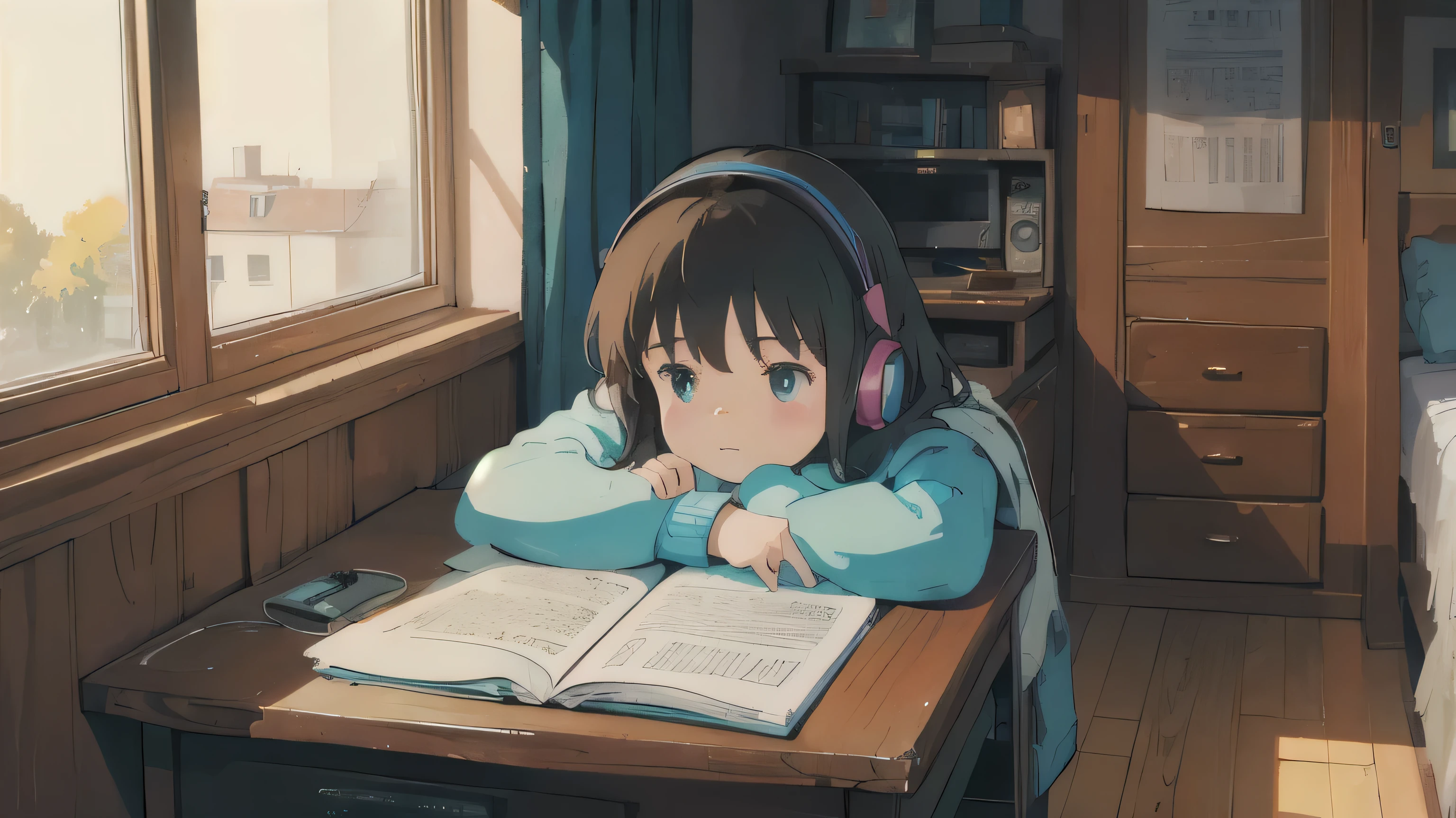 Cozy room,A girl studying with headphones on,Large windows,