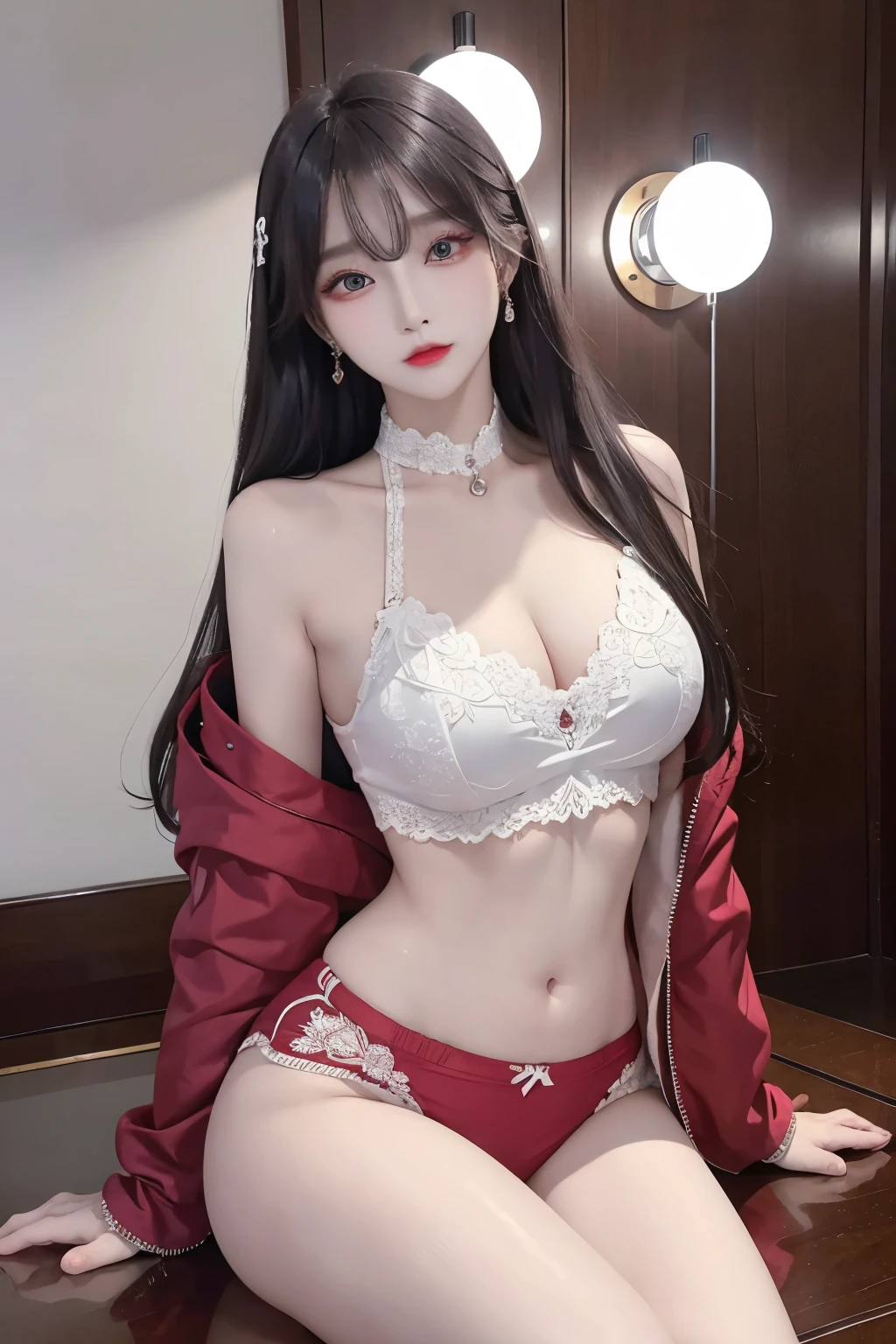 Top image quality、Raw photography、A high resolution、20-year-old cool Korean、big round chest、silk jacket、sexy red lace underwear、Beautiful Eyes of Details、very elongated eyes、Beautiful eyelashes、Beautiful double eyelids、eyeshadows、long legs,medium thighs, beautiful eyes finely detailed、elongated eyes、long eyeslashes、Beautiful double eyelids、eyeshadows、earrings、shiny skin、 1 girl, solo, chuppy girl,