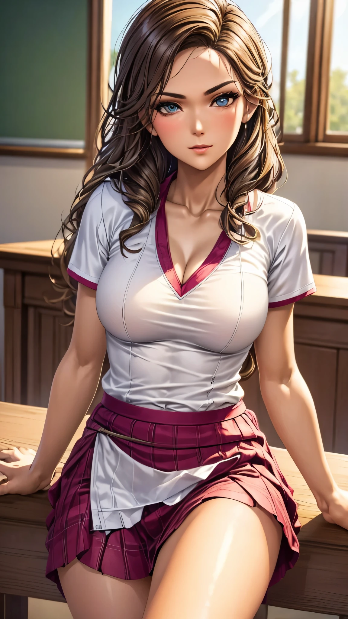 25-year-old woman, milf, ((in the classroom)), ((school uniform)), RAW photo, (photorealistic: 1.37, realistic), highly detailed unified CG 8K wallpapers, 1girl, (((perfect body: 1.1)), (medium breasts: 1.2), looking at the viewer, (((straight from the front)))), (HQ skin:1.2, shiny skin), 8k uhd, dslr, soft lighting, high quality, film grain, Fujifilm XT3, ((full body:  0.8)), (professional lighting:1.4) ,