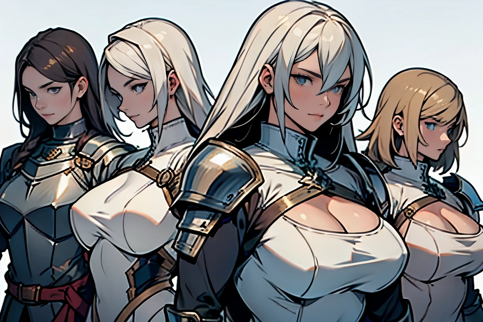 A group of female knight, White background, Mr.々Hair style, Wearing armor, metal armor, Detailed aspect, sword,