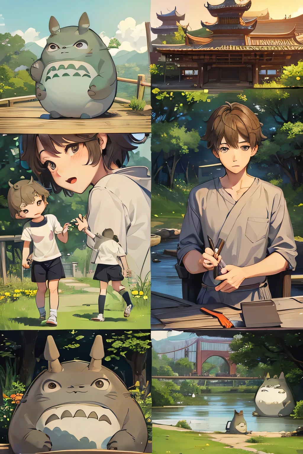Draw a Totoro,Totoro and a boy side by side,Chatting beside the Yangtze River Bridge