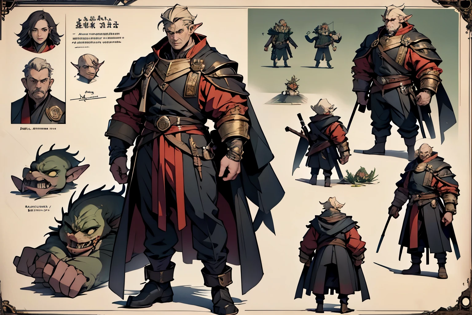 Character design sheet, highest quality, masterpiece, Representative works, Official Art, Professional, Super intricate details, 8k、Giant Goblin、Comparison with humans、