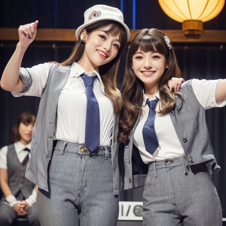 highest quality、Super detailed、Real:1.37、professional、Bright colors、Beautifully detailed eyes、Beautifully detailed lips、Highly detailed eyes and face、Long eyelashes、Two Girls、Portrait、photograph、(Two Girlsは全く違う服を着ている:1.4)、(One girl is wearing a grey suit with a white shirt and tie:1.37)、(The other girl is wearing jeans、T-shirts、japanese souvenir jacketを着ています:1.37)、comedian、smile、conversation、Stand up microphone、(Two people standing on a small stage)