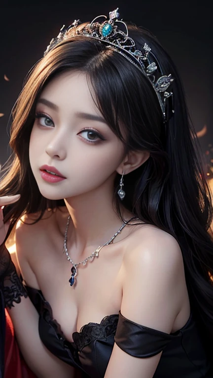 highest quality、masterpiece、8k、Award-winning works、Natural forehead、spooky、White skin、Wicked Makeup、Photographing faces with beautiful composition、The most detailed and beautiful face、The relentless gaze、look at me、Long eyelashes、spookyなメイク、Black Lips、eye shadow、艶のあるBlack Lips、highest qualityのウルトラHDスキン、The most detailed eyes、(The most luxurious and highest quality giant tiara、The most luxurious and highest quality giant necklace、The most gorgeous giant ruby、The most luxurious jewelry decoration、Cleavage、Pitch black background、dark、Beautiful long wavy hair、Full body photo 1.5、Red dress、Off the shoulder、(Small breasts 1.2).(((Ecstasy of Musical Notes 1.5)))、I can hear the notes flowing、