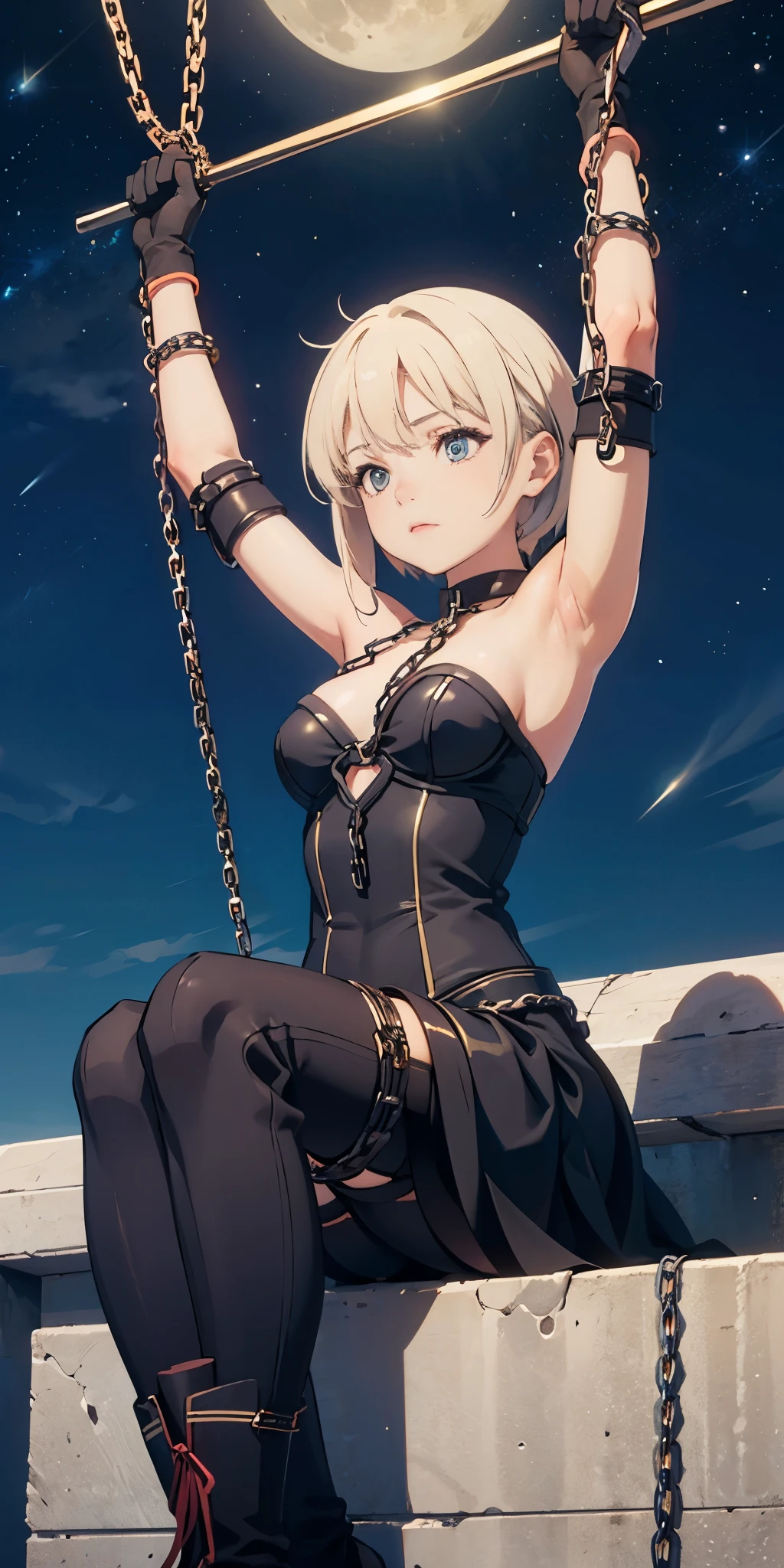 masterpiece, best quality, JingliuV5, 1girl, solo, gloves, gloves, dress, bare shoulders, closed mouth, boots, sky, black gloves, black footwear, blindfold, night sky, full moon, elbow gloves, armpits, arms up, ((chain, bound, restrained:1.3)), sitting, wariza, night, starry sky, sky, cowboy shot, view from below, far shot