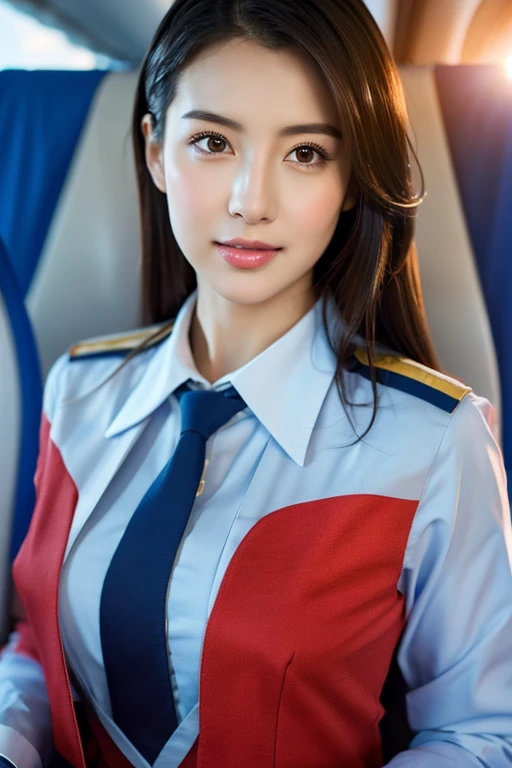 Top Quality, Masterpiece, 8K, Ultra High Definition, (Photorealistic: 1.4), 1 Girl, Beautiful Face, Symmetrical Eyes, Big, Perfect Body Proportions, Stewardess Uniform, Viewer's Look, (Inside the Airplane: 1.2), Front View, Shoulder Jump, Absolute Area (1.3),