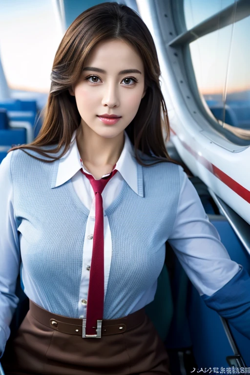 Top Quality, Masterpiece, 8K, Ultra High Definition, (Photorealistic: 1.4), 1 Girl, Beautiful Face, Symmetrical Eyes, Big, Perfect Body Proportions, Stewardess Uniform, Viewer's Look, (Inside the Airplane: 1.2), Front View, Shoulder Jump, Absolute Area (1.3),