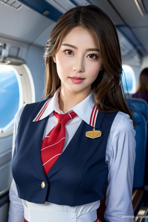 Top Quality, Masterpiece, 8K, Ultra High Definition, (Photorealistic: 1.4), 1 Girl, Beautiful Face, Symmetrical Eyes, Big, Perfect Body Proportions, Stewardess Uniform, Viewer's Look, (Inside the Airplane: 1.2), Front View, Shoulder Jump, Absolute Area (1.3),